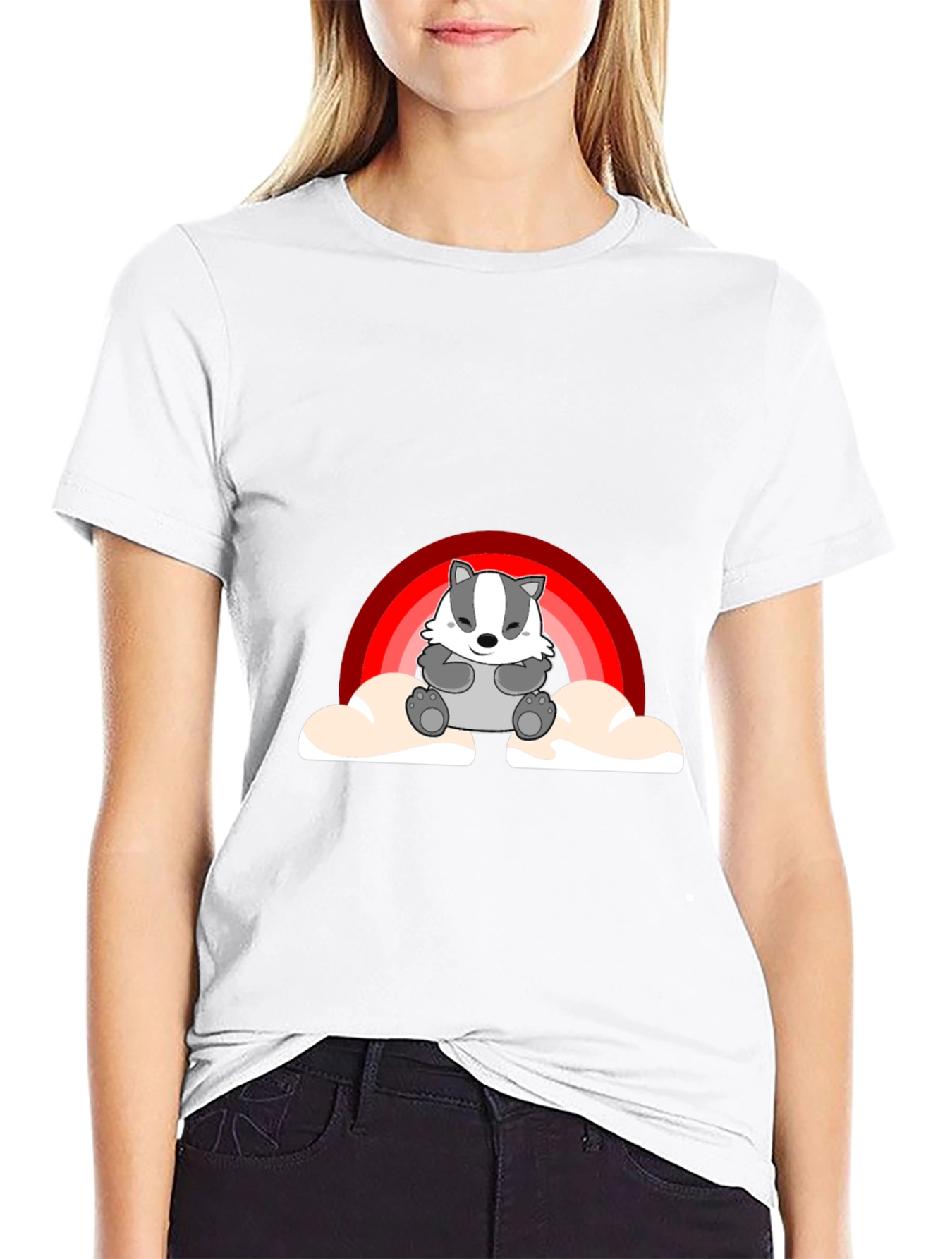 Black Cute Badger Rainbow Cloud Graphic T-Shirt view 9