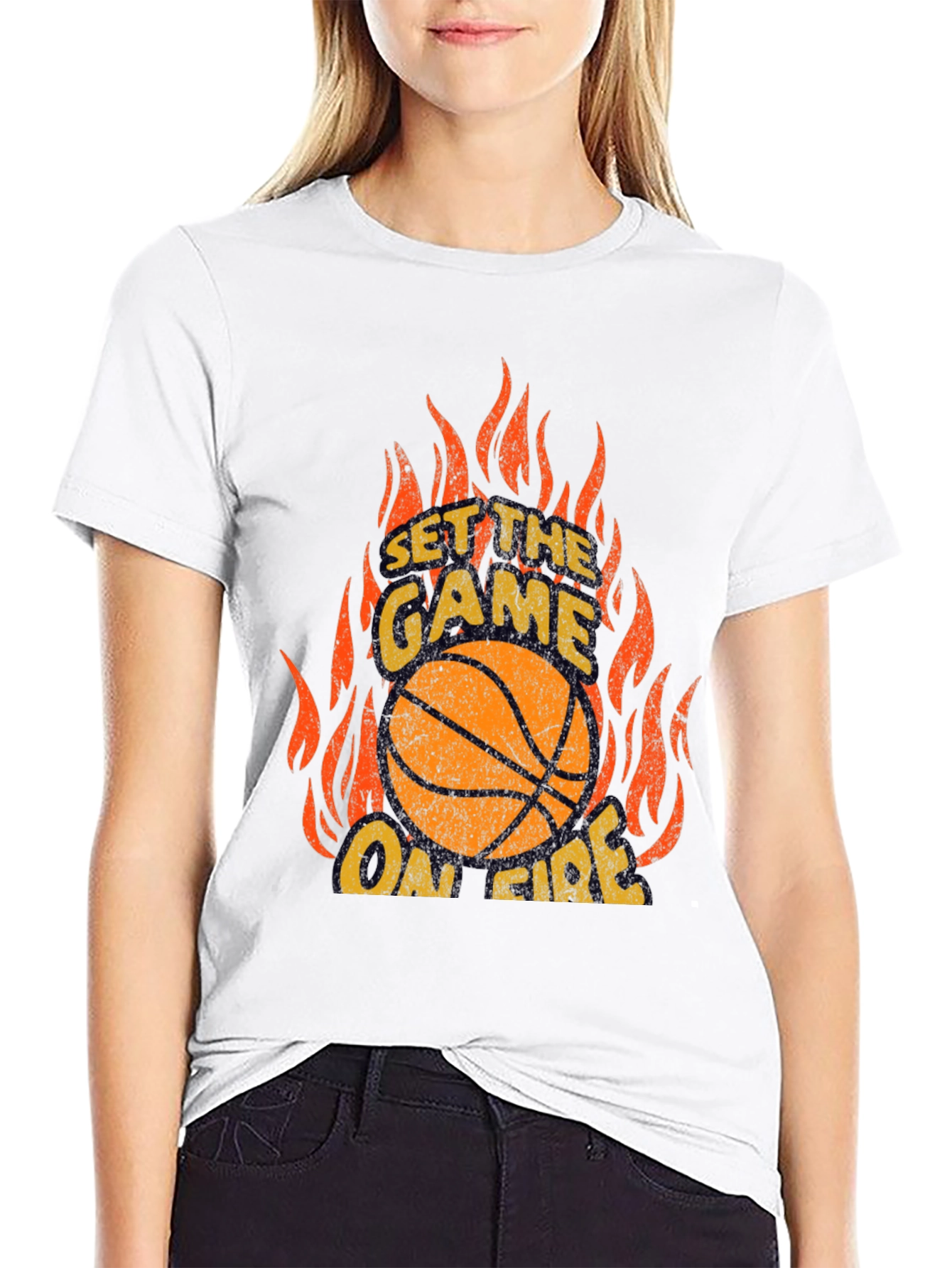 Black Set the Game On Fire Basketball Graphic Tee view 9