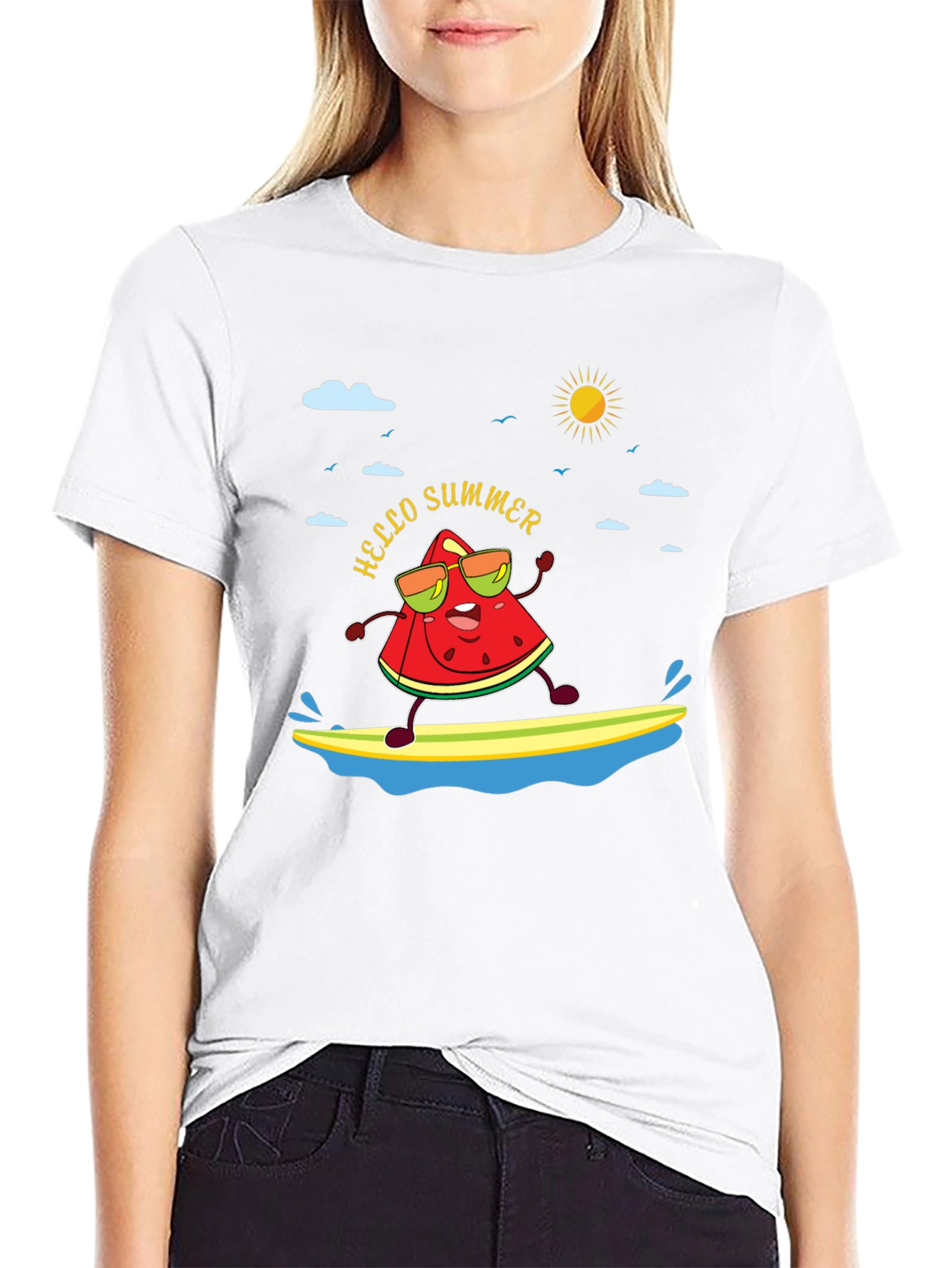 Black Hello Summer Watermelon Surfing T-Shirt view 9