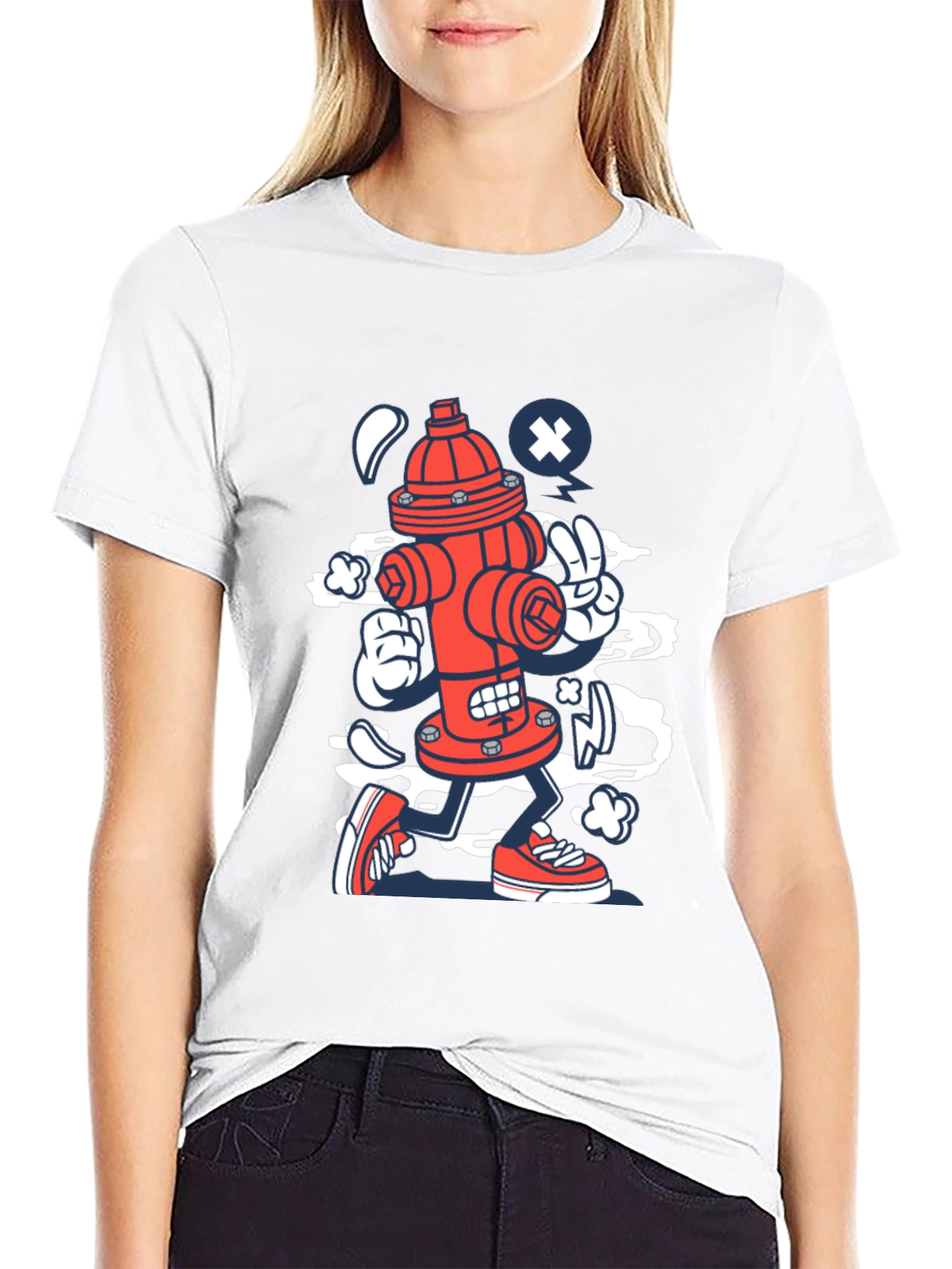 Black Cartoon Fire Hydrant Graphic Tee - Black Cotton Shirt view 9