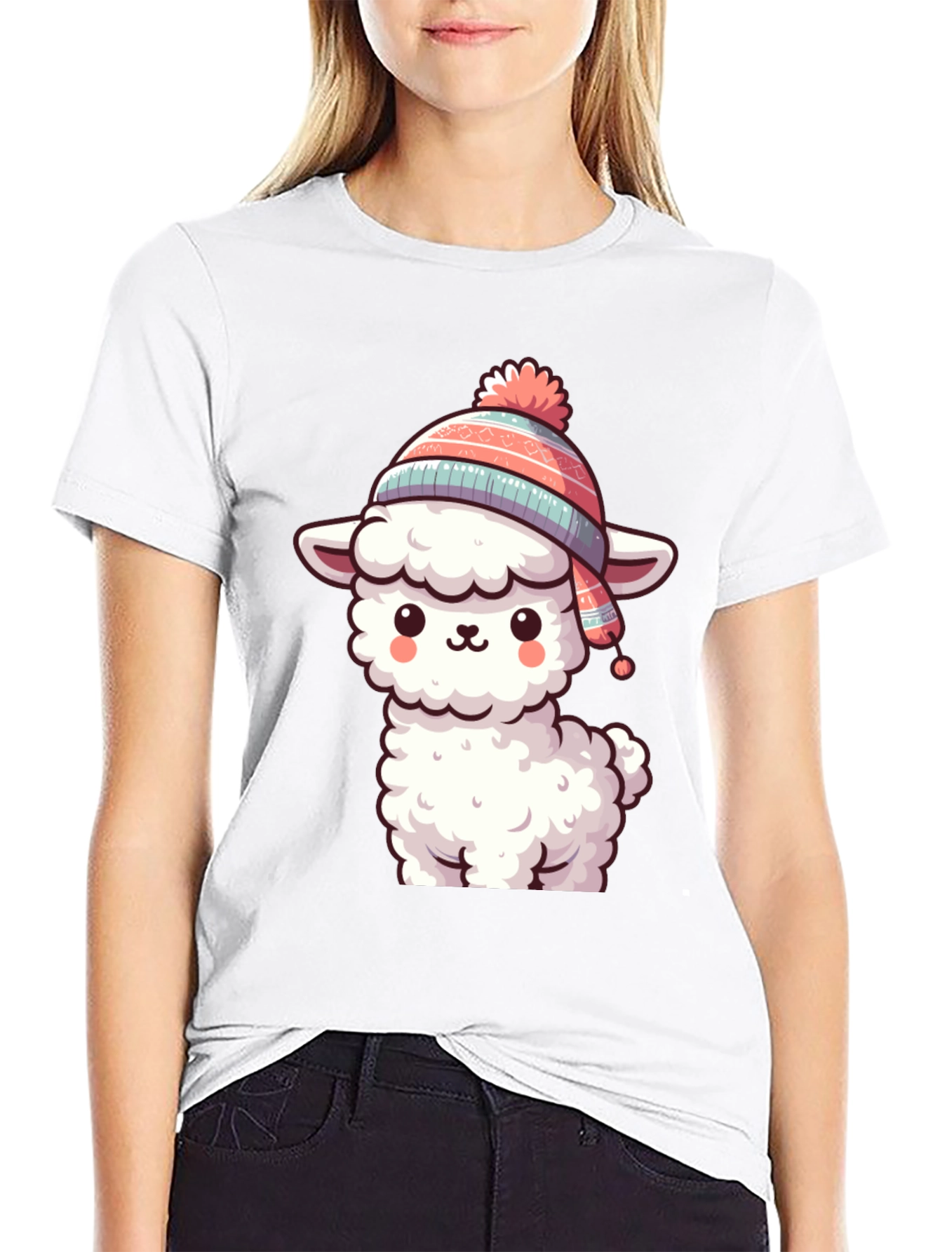 Black Cute Llama in Hat Graphic Tee view 9